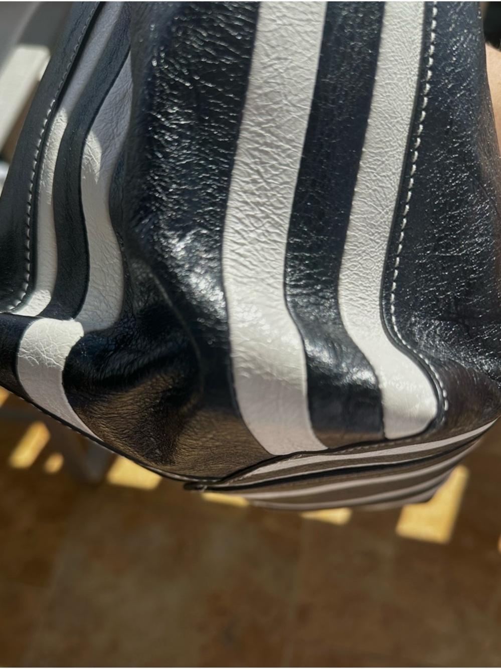 Balenciaga Barbes East-West Shopper Tote Black White Striped Leather Bag - Picture 11 of 16